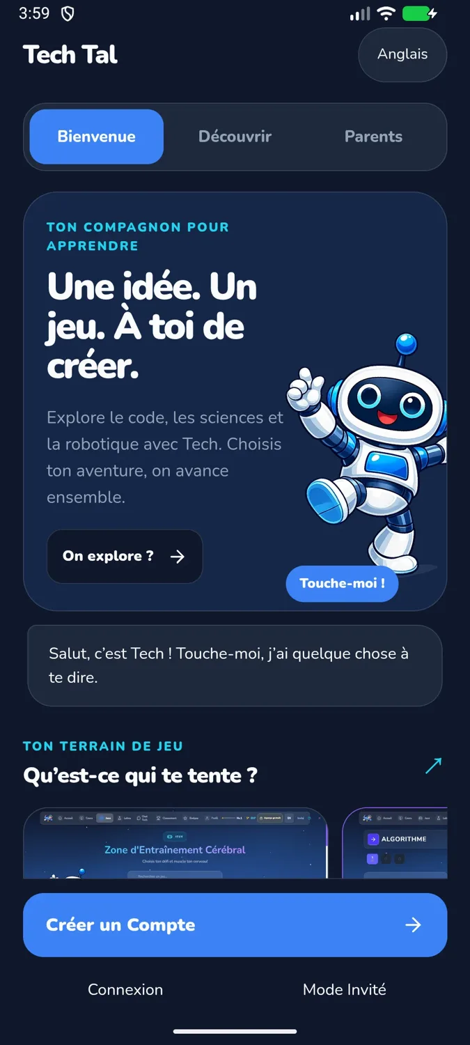 Écran d'accueil de l'application Tech Tal avec Tech, le robot tuteur